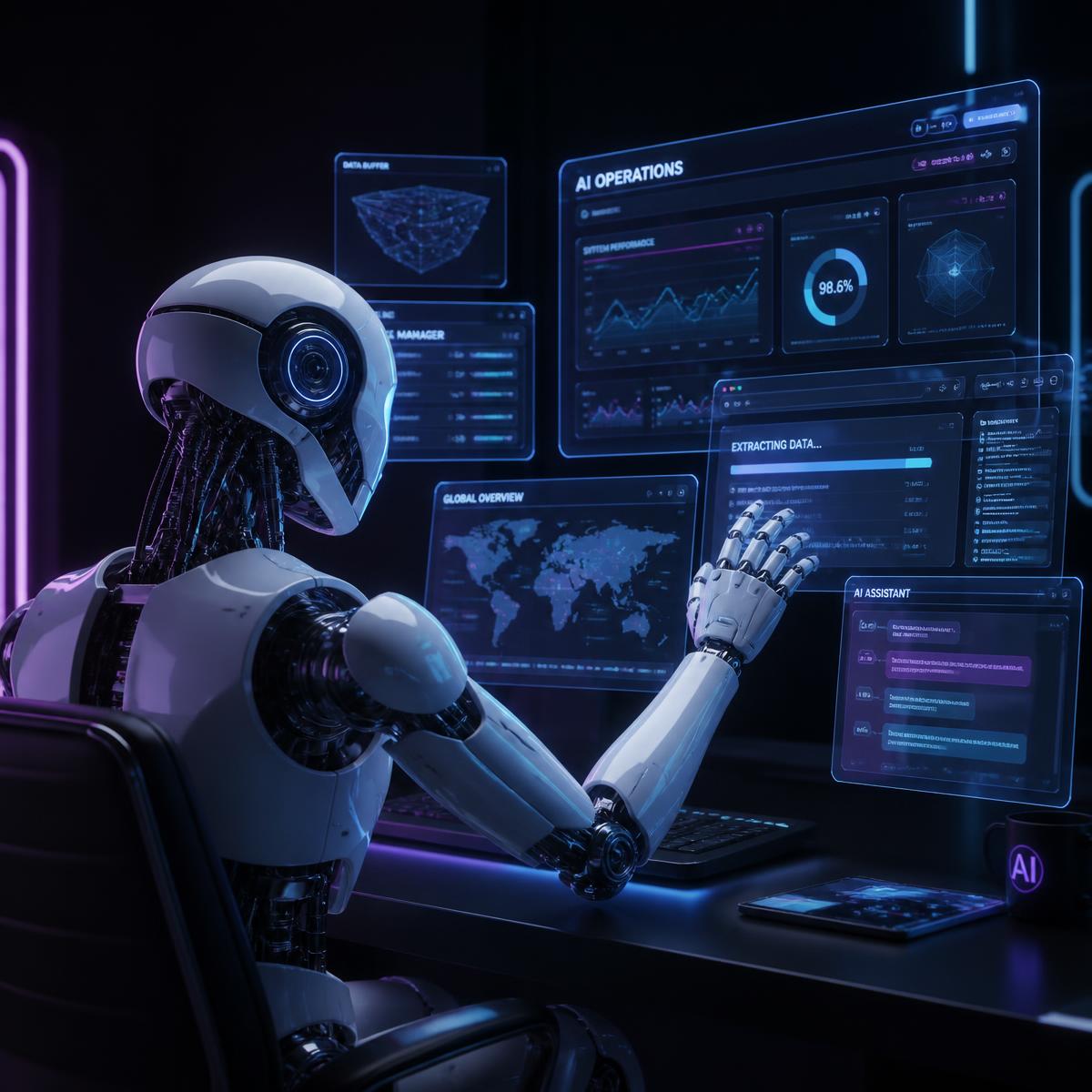 Robot de IA operando un tablero de control con dashboards